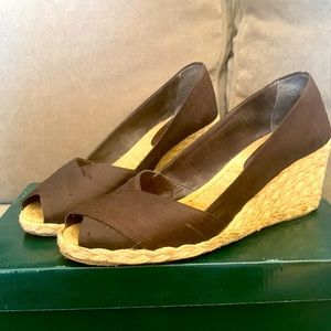 Ralph Lauren Cecilia Wedge Espadrilles brown  Silk Shantung - Women's Size 7.5